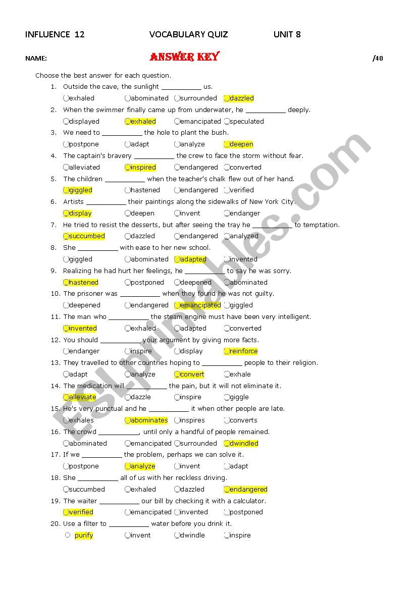 Influence 12 Unit 8 Vocabulary Quiz