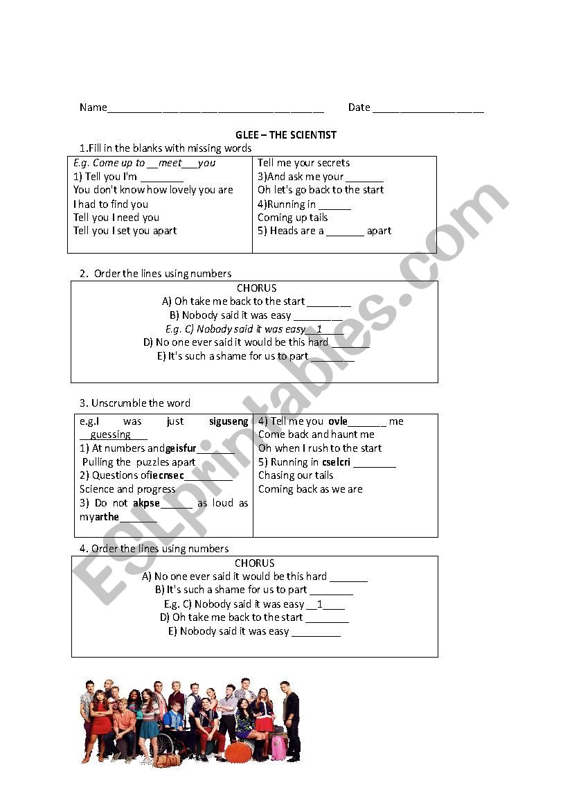 Glee - The Scientist worksheet