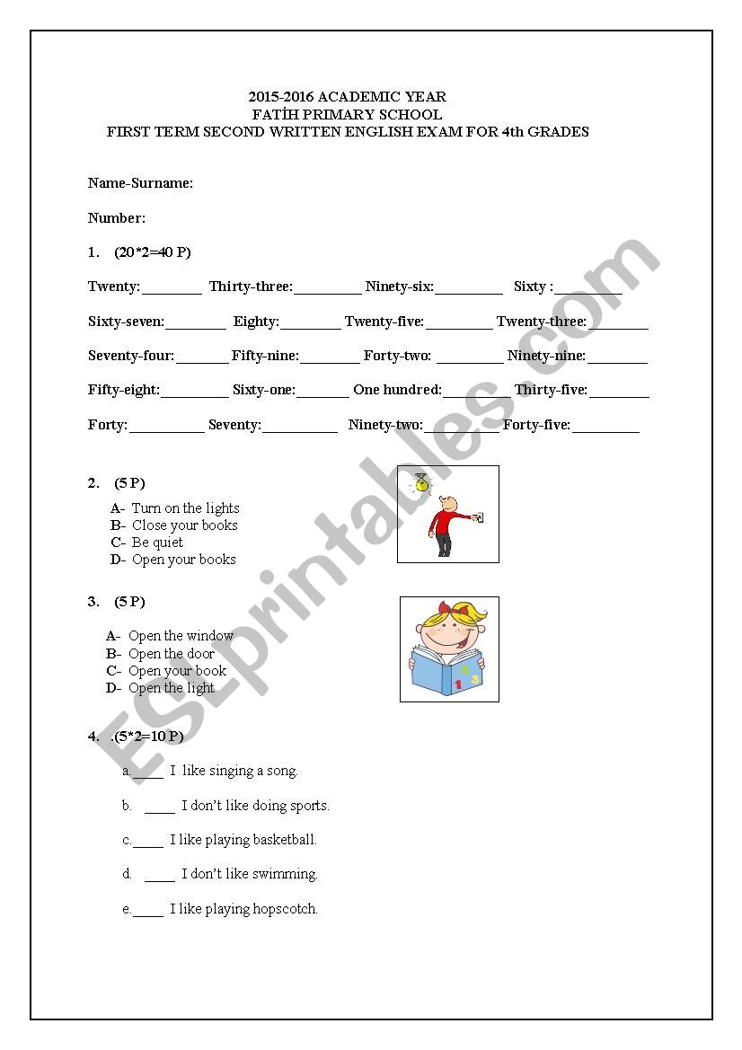 4th grade exam worksheet