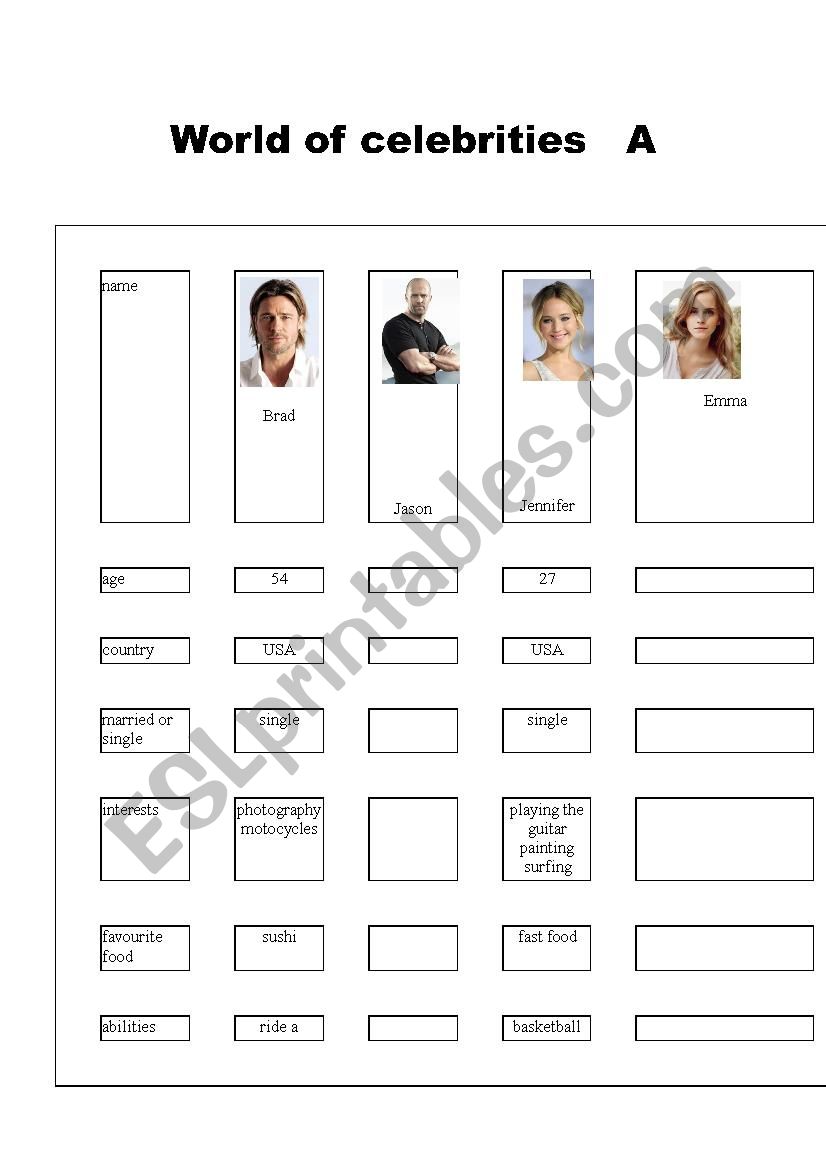 celebrities worksheet