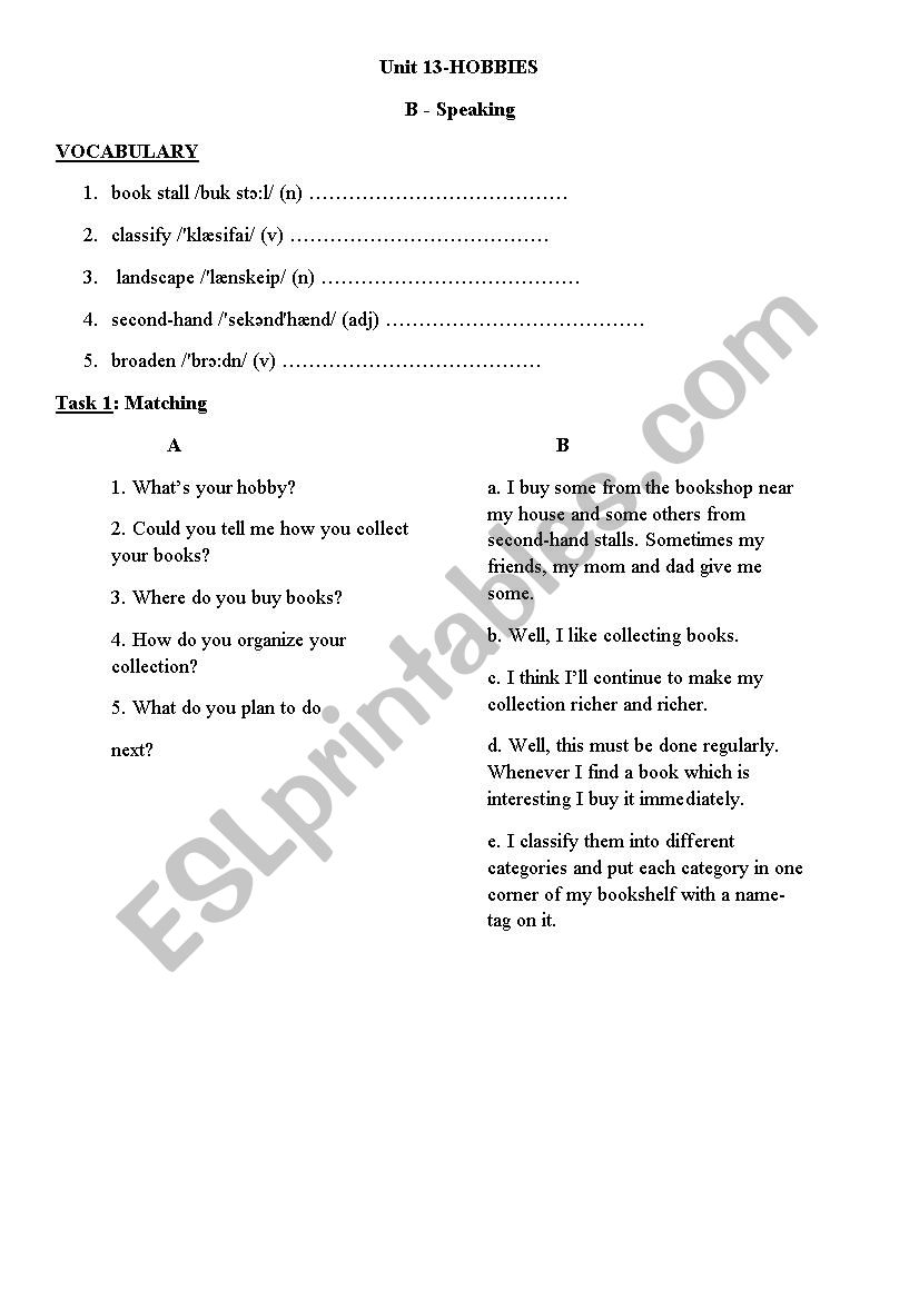 Unit 13-HOBBIES B - Speaking worksheet