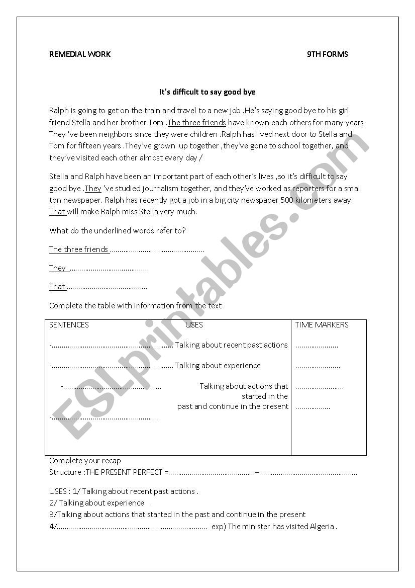 REMEDIAL WORK PRESENT PERFECT worksheet