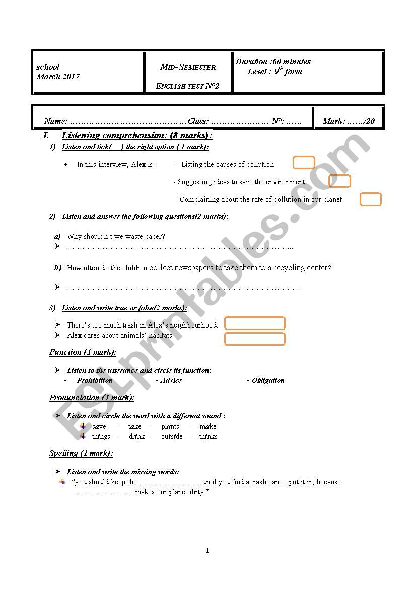 mid semester test 2 9th form worksheet