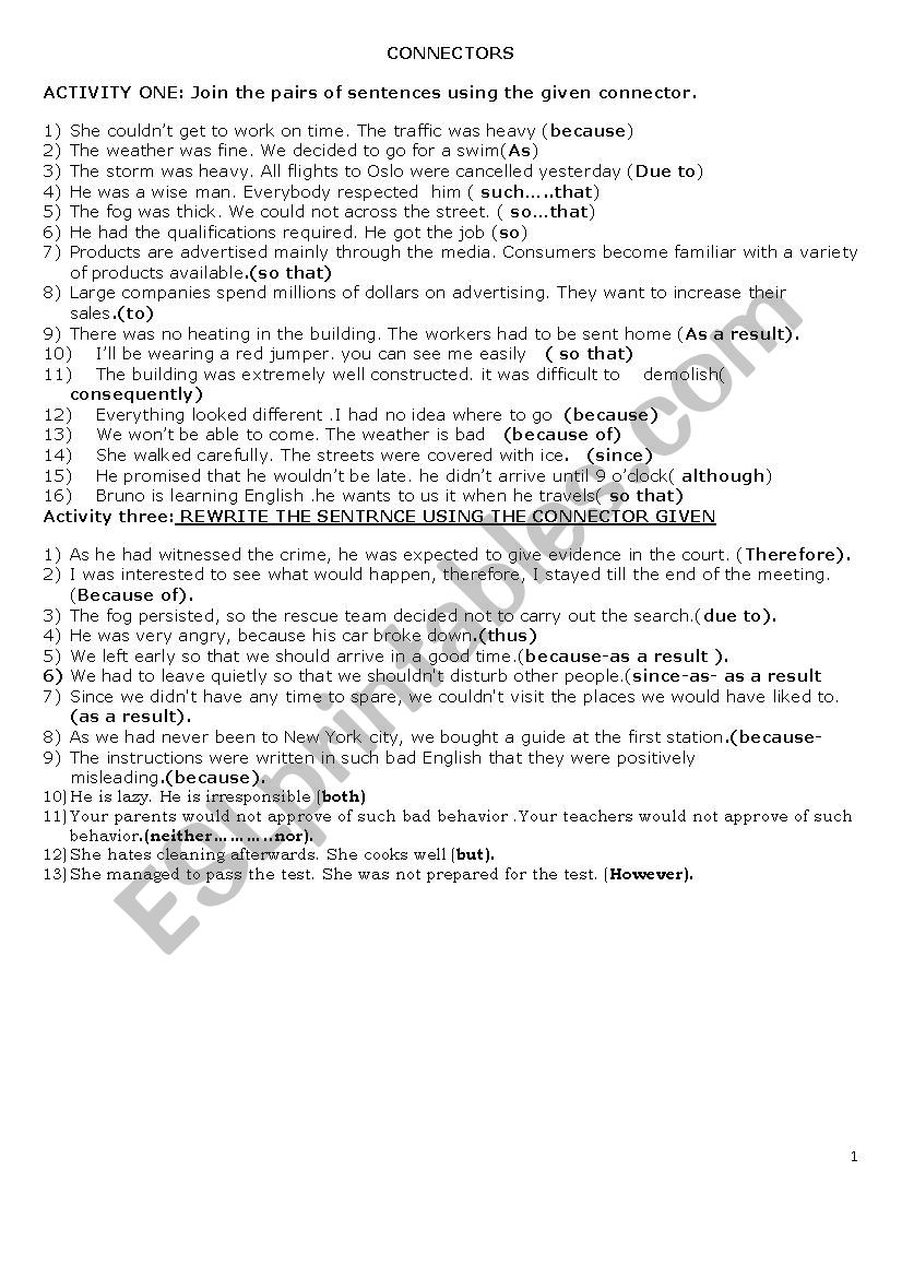 cause and result worksheet