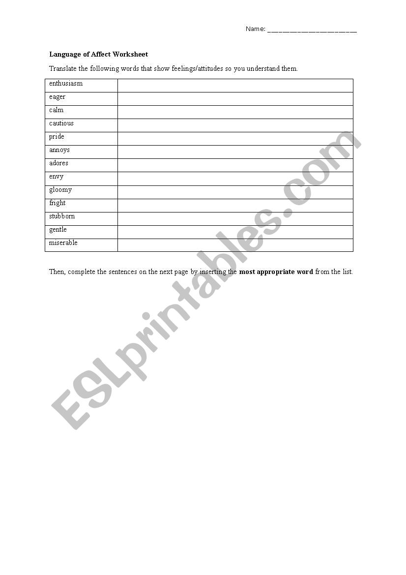 Language of Affect worksheet