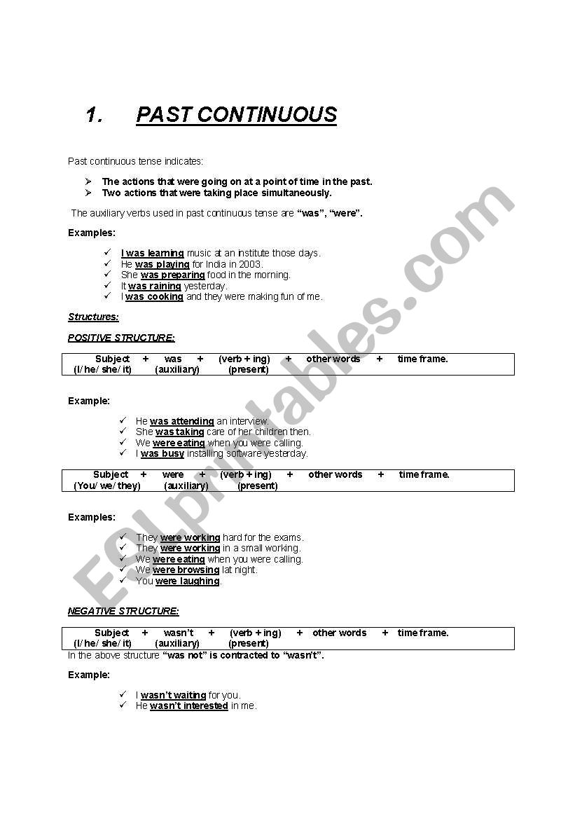 Past continuous tense worksheet