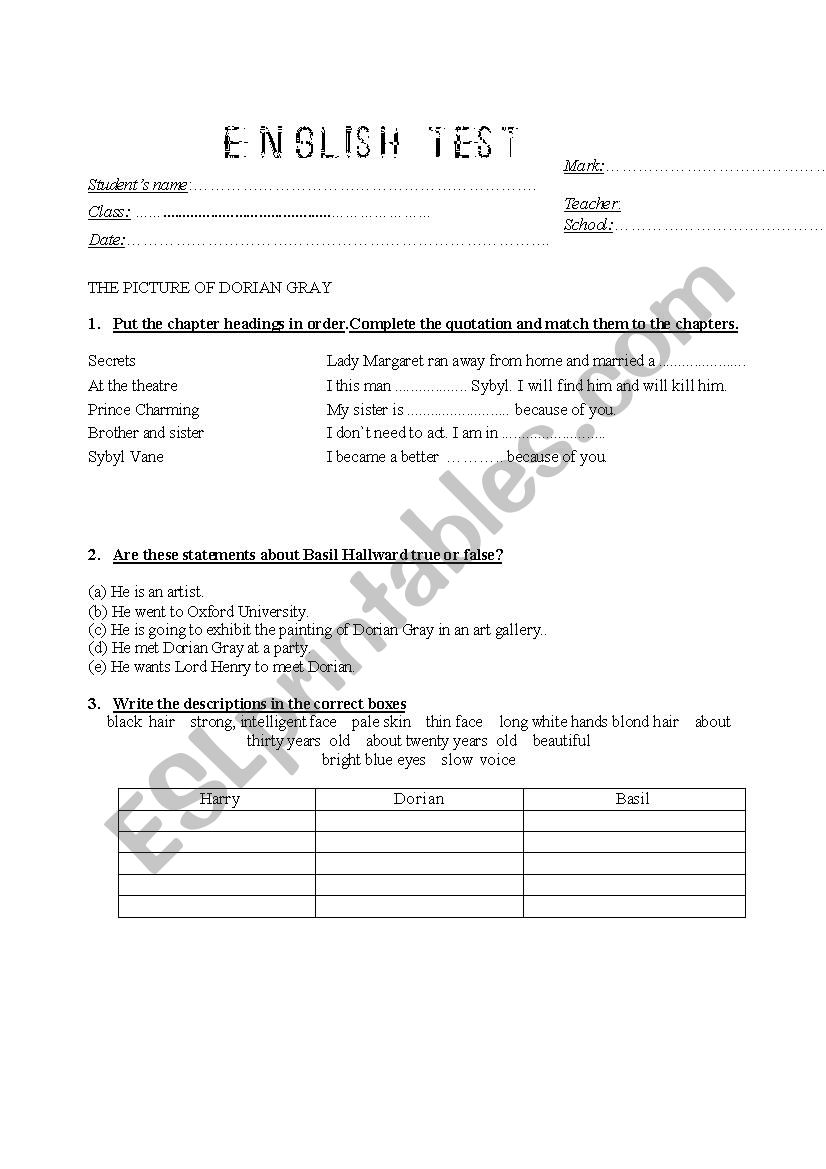 Dorian Gray Test worksheet