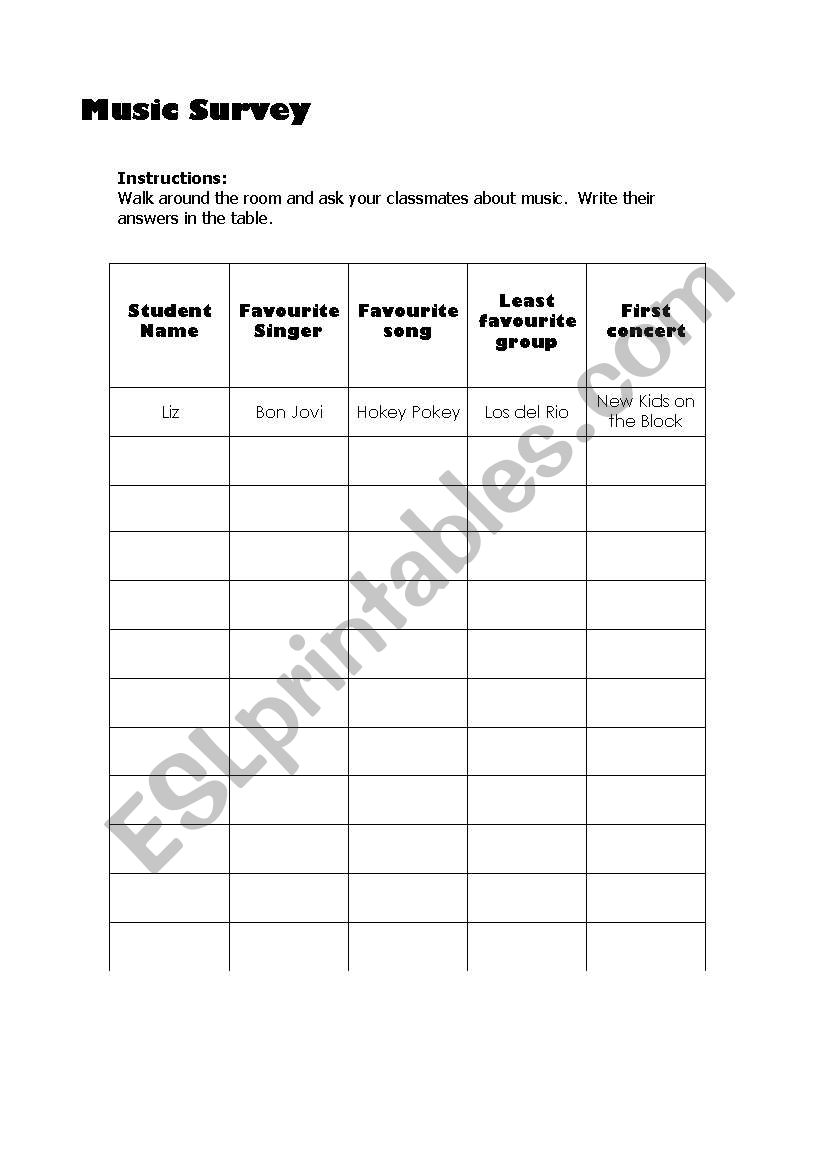 Music Survey worksheet