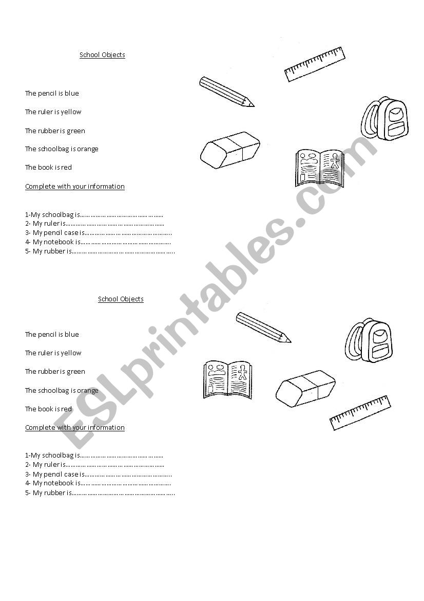 Test on school objects worksheet