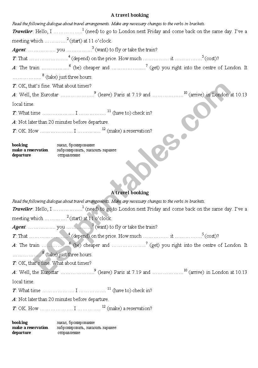 A travel booking worksheet