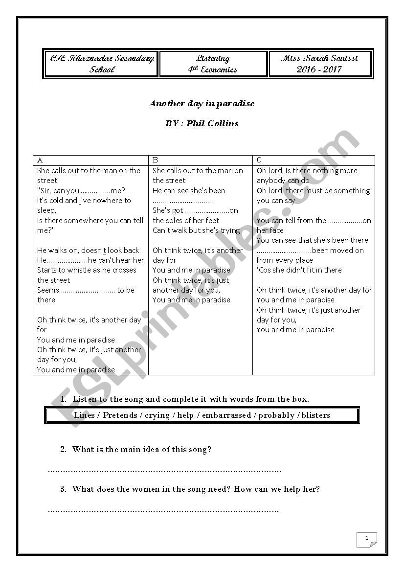 An other day in Paradise worksheet