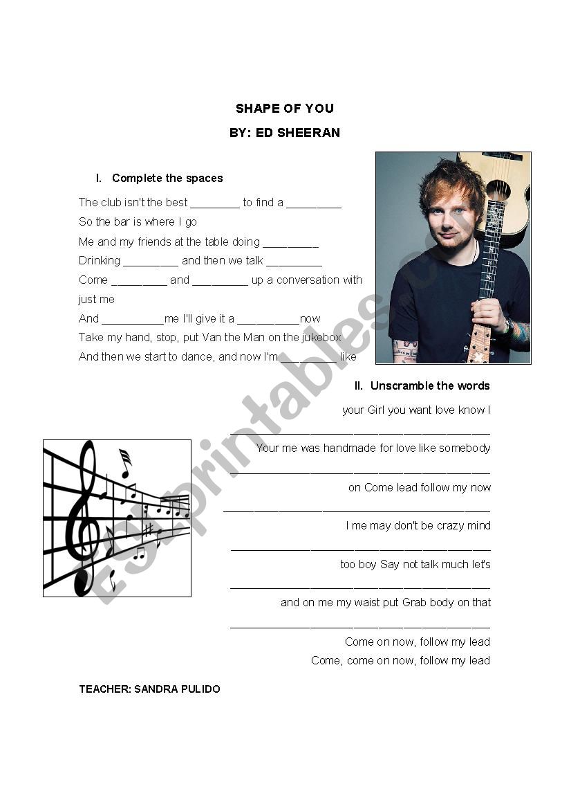 SHAPE OF YOU - ED SHEERAN worksheet