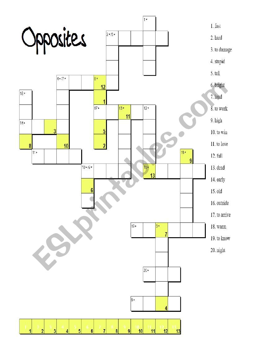 opposites crossword worksheet