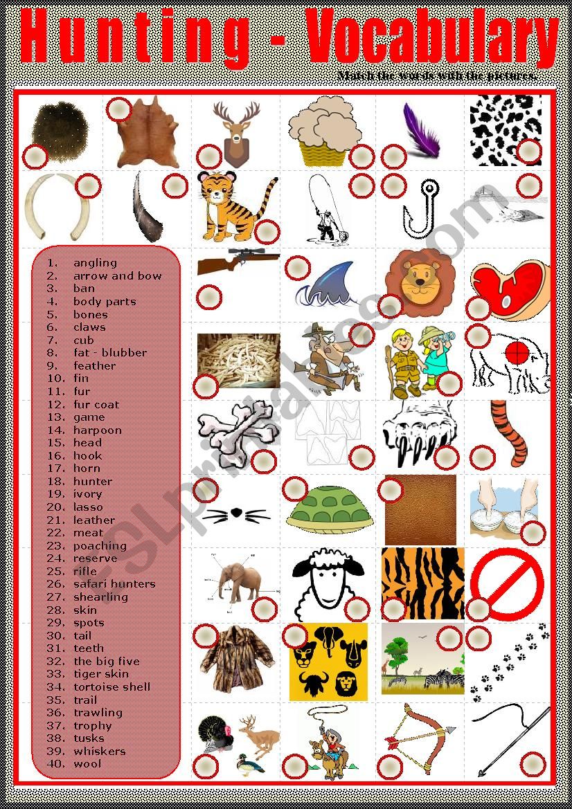 HUNTING  vocabulary. Pictionary - Matching + KEY