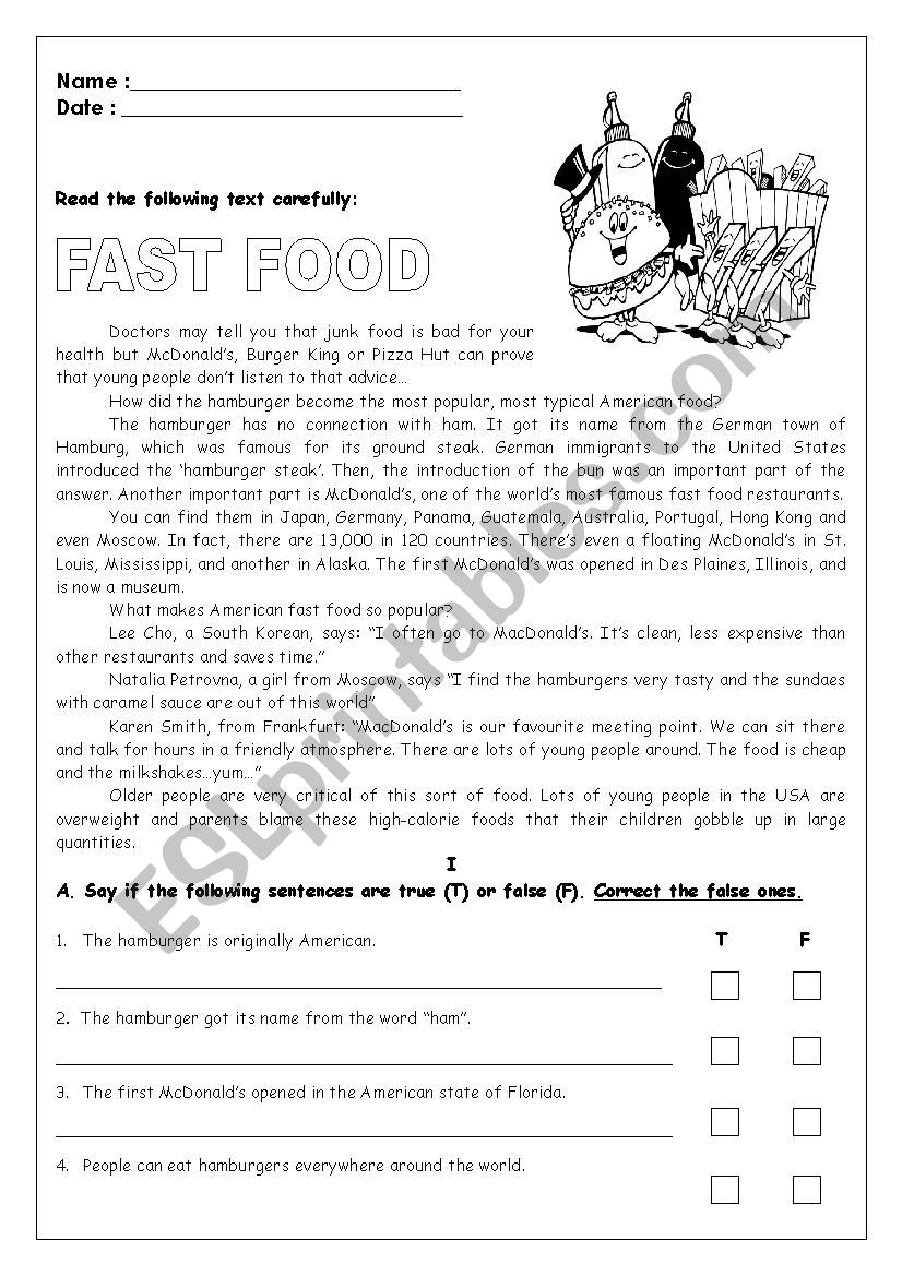 fastfood worksheet