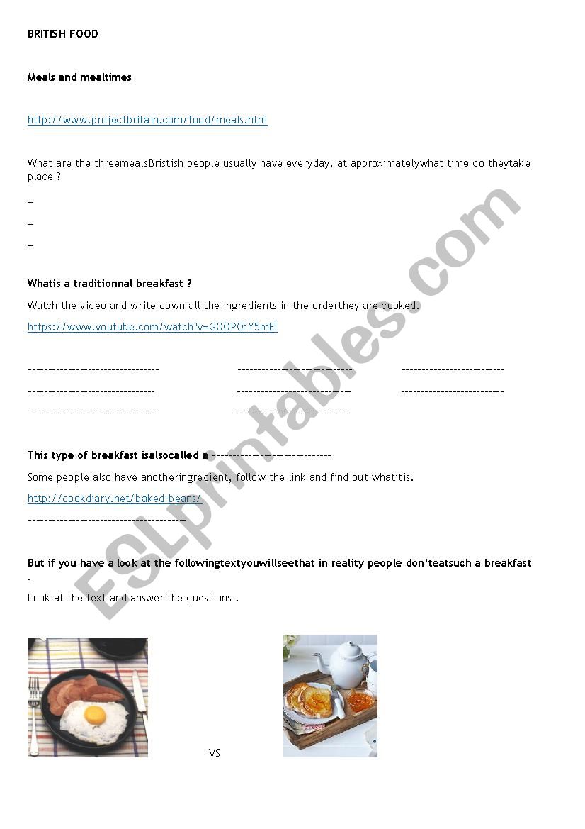 British Food breakfast worksheet