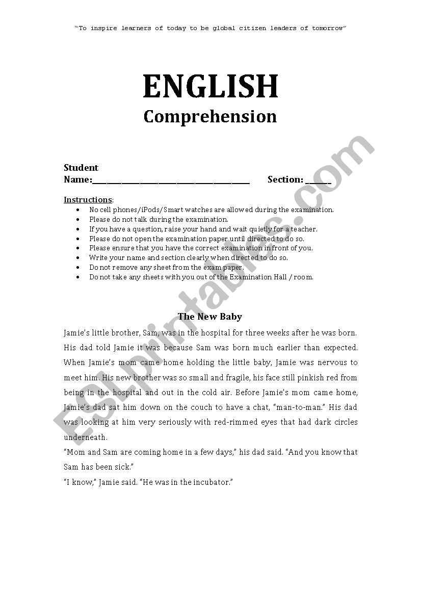 comprehension test worksheet