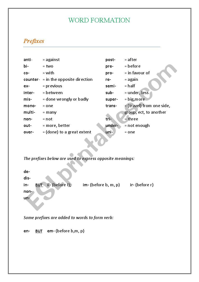 Word Formation worksheet