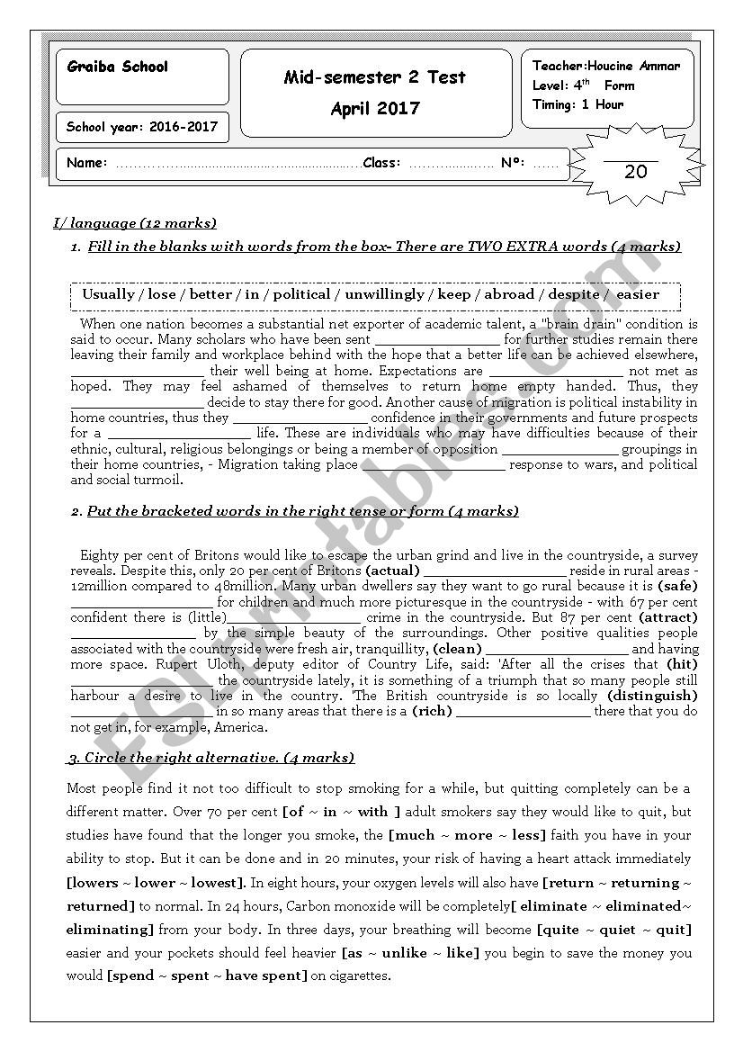 4th form mid semester test 2 worksheet