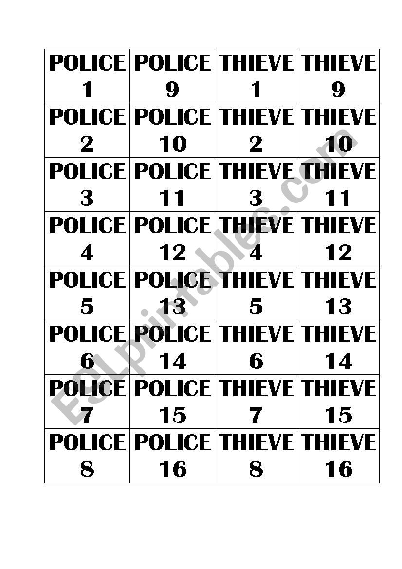 police thieves cards worksheet