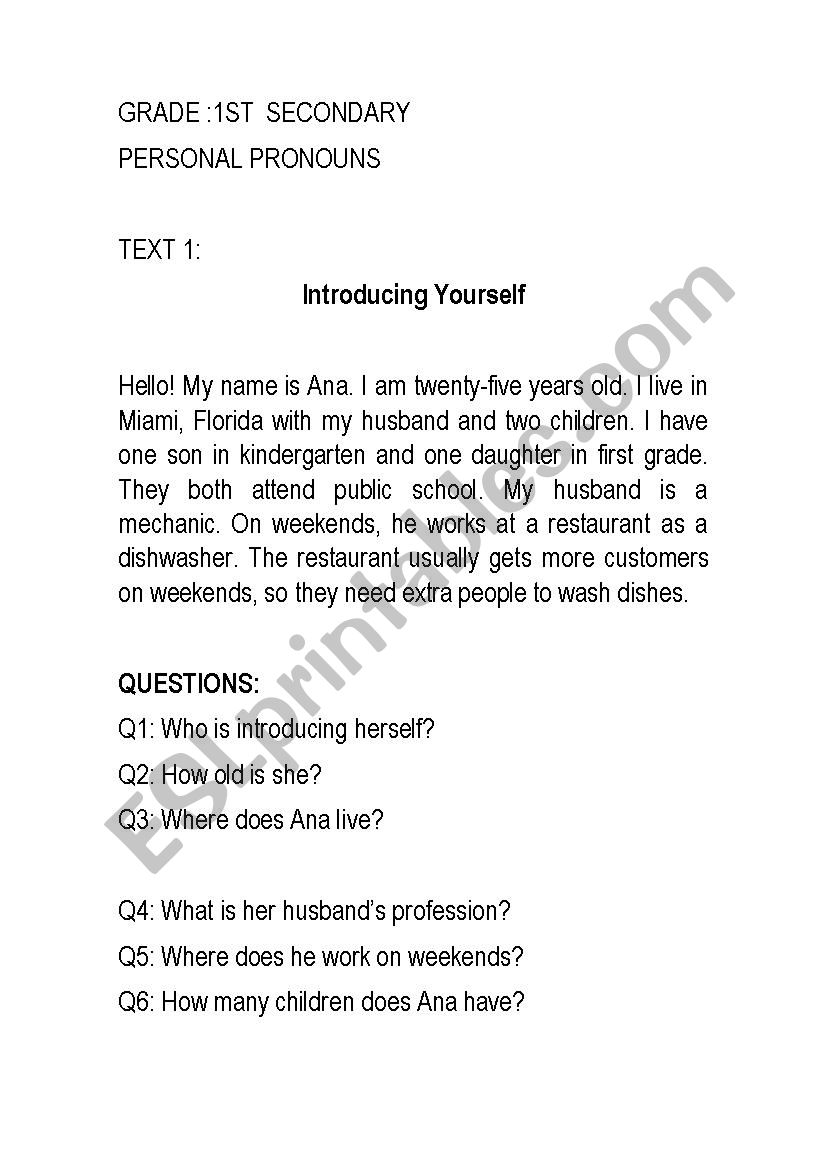 personal pronouns worksheet