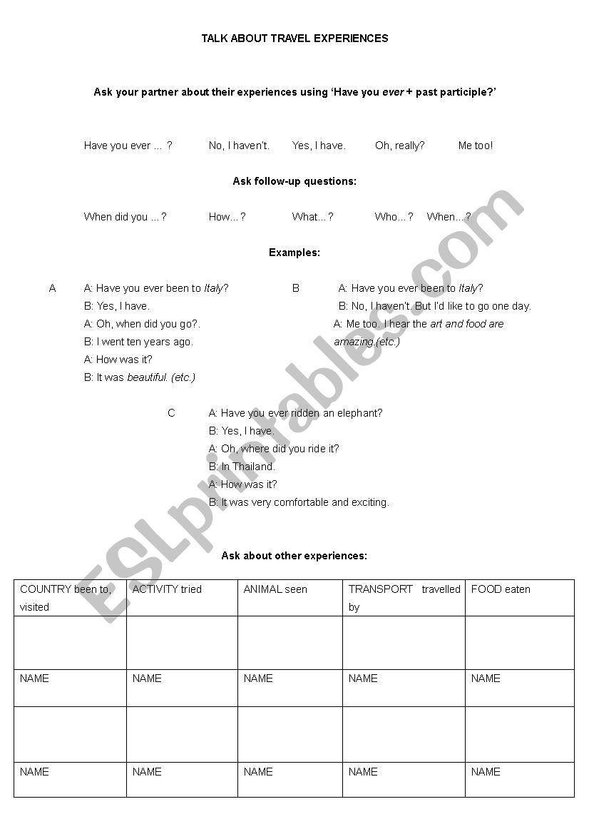 World Travel Experience worksheet