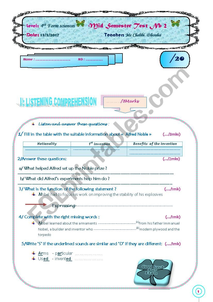 mid-semester test for 4th form