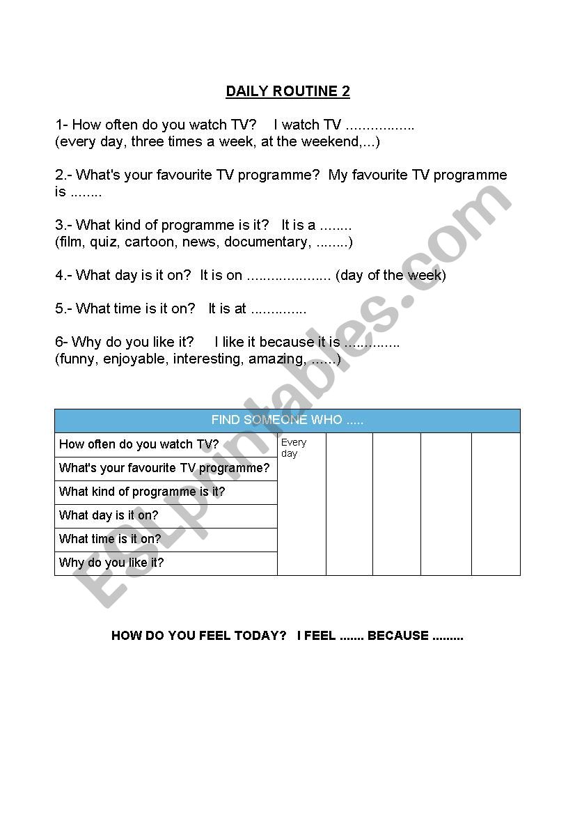 My favourite TV programme worksheet