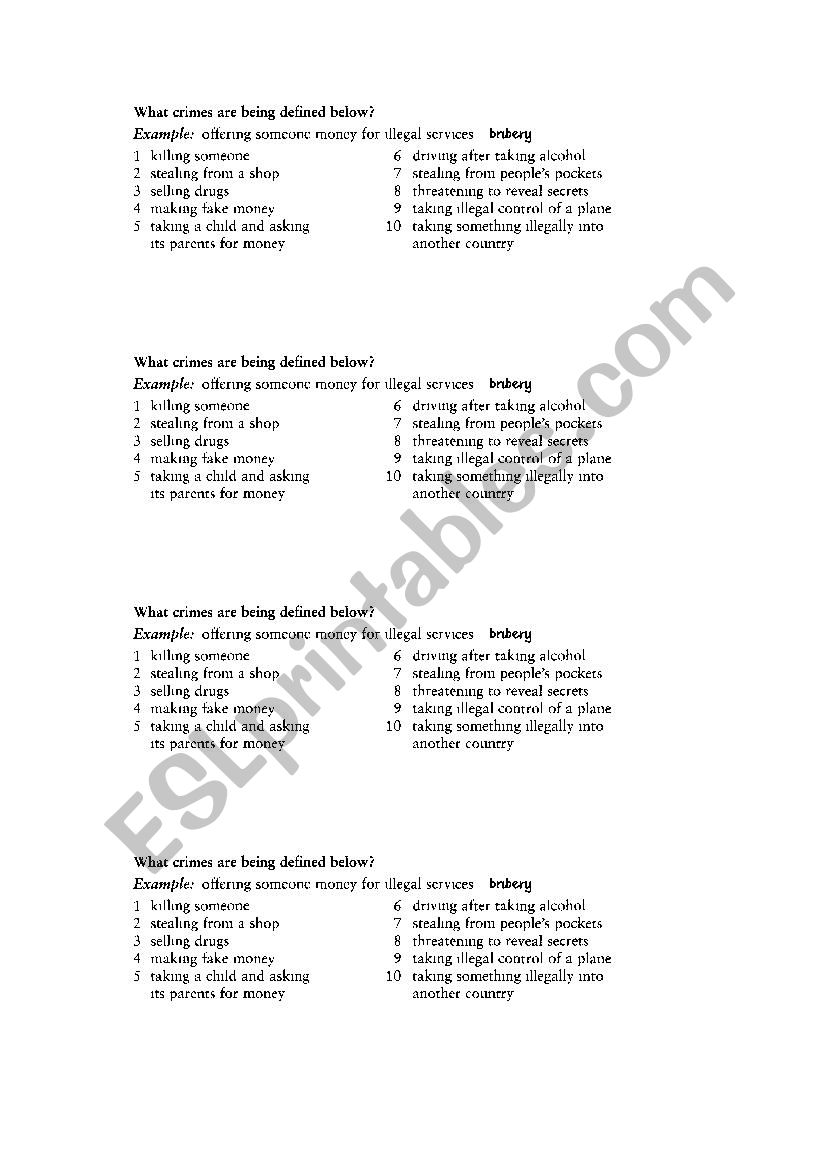 Crime - short tests worksheet