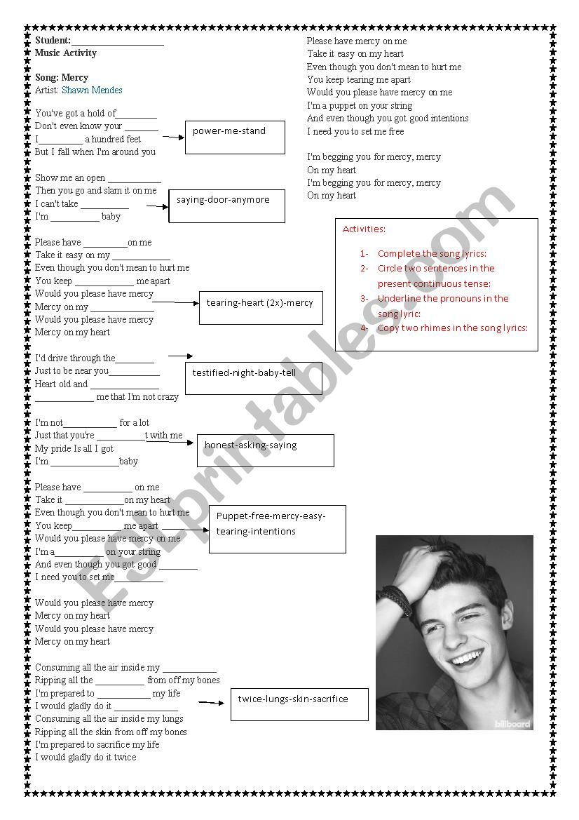 Mercy - Shawn Mendes worksheet