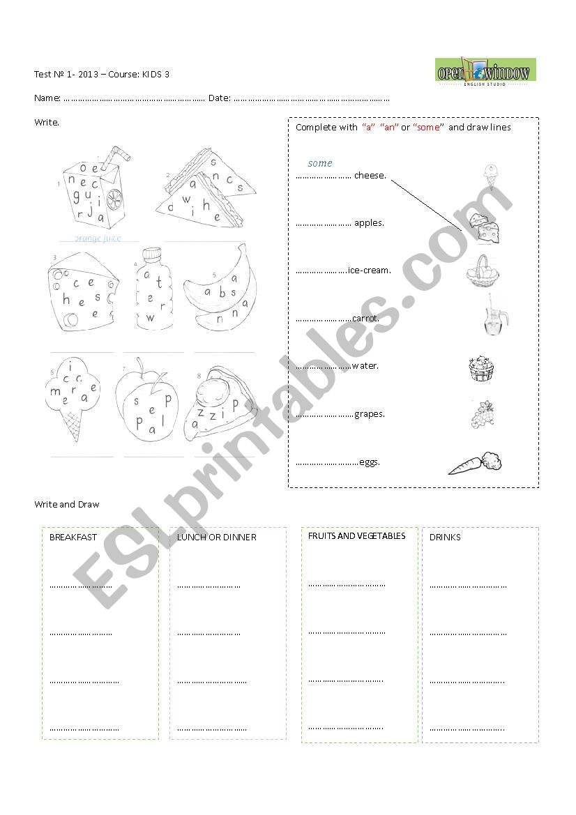 test food worksheet