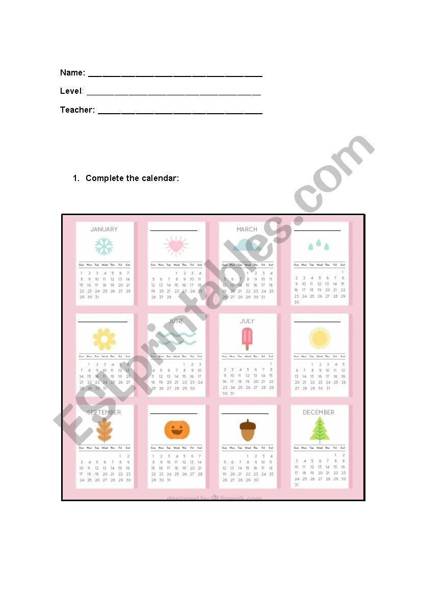 Calendar worksheet