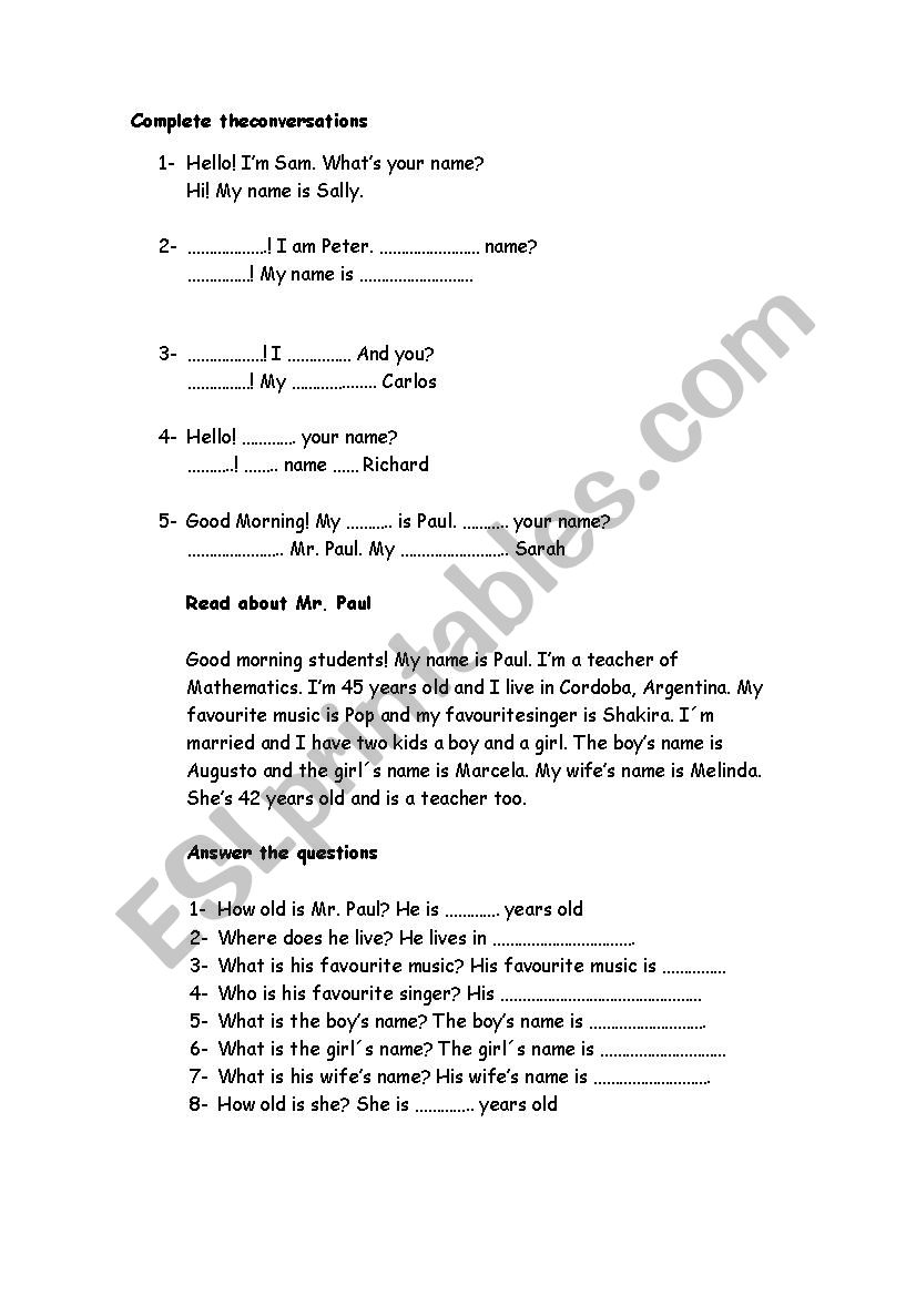 Exercise personal information worksheet