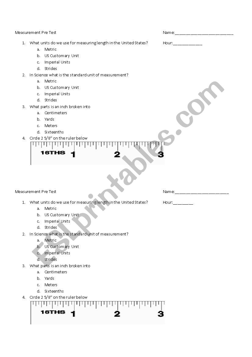 Measurement Pre-Test worksheet