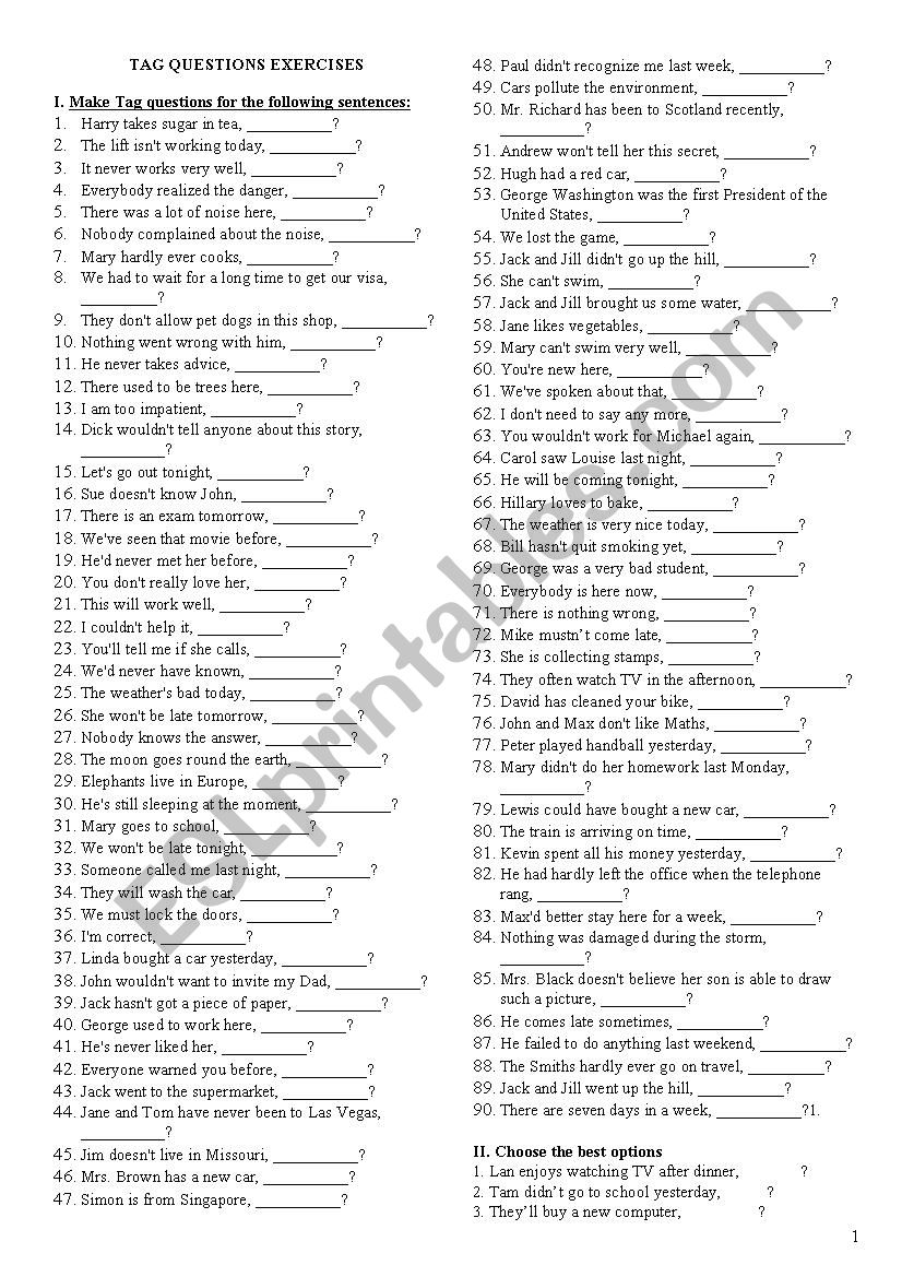 tag question exercises worksheet