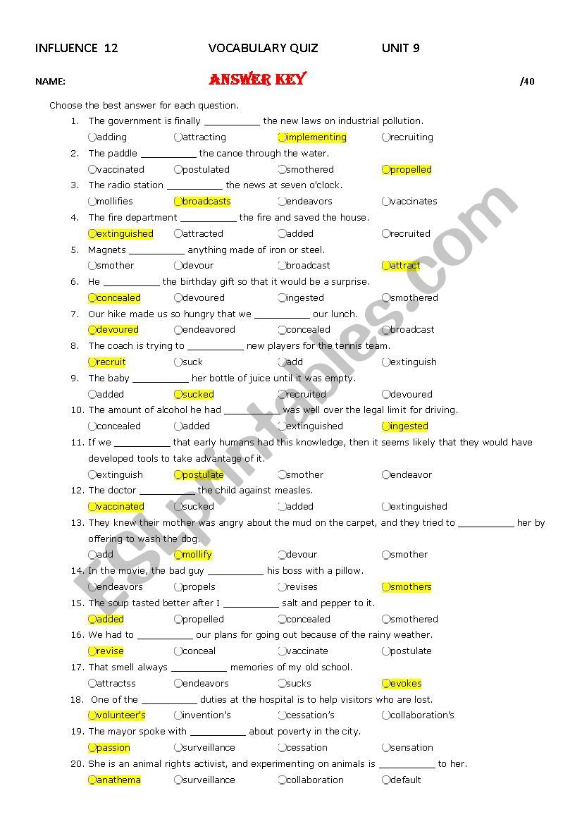 Influence 12 Unit 9 Vocabulary Quiz