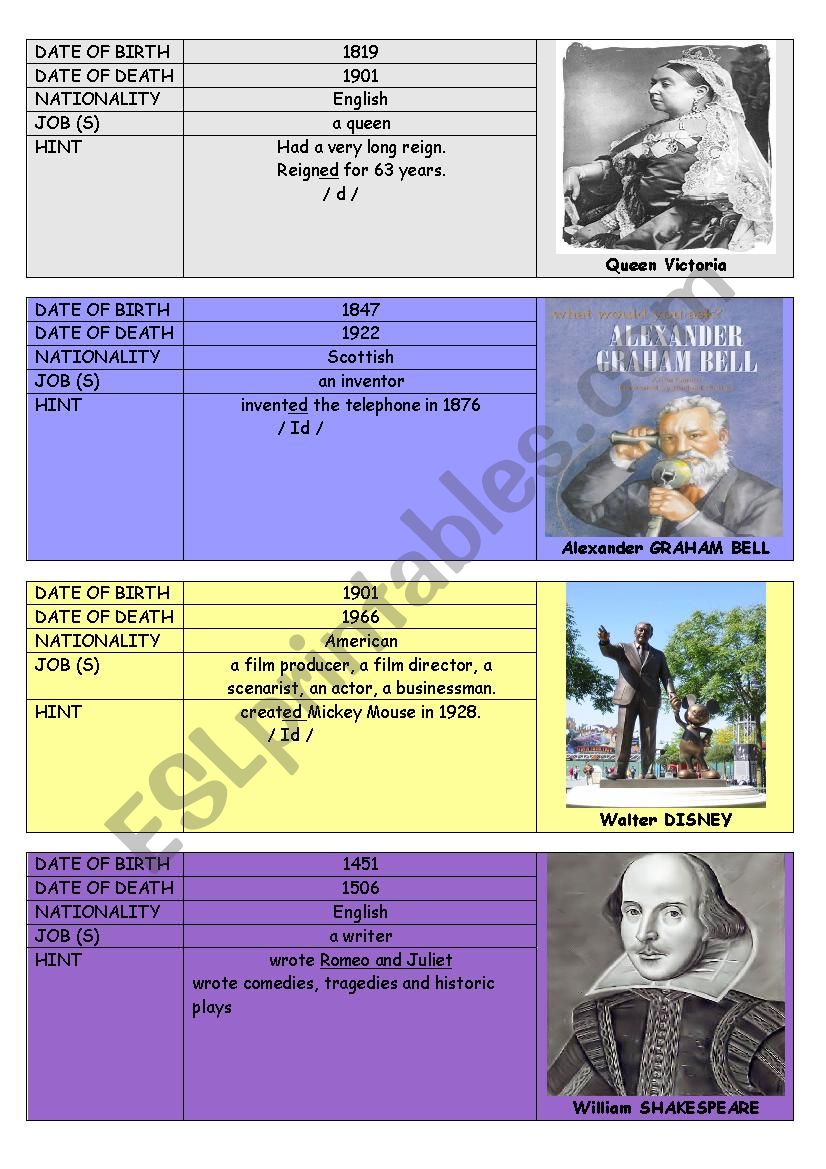 Biography cards (Part 1) worksheet