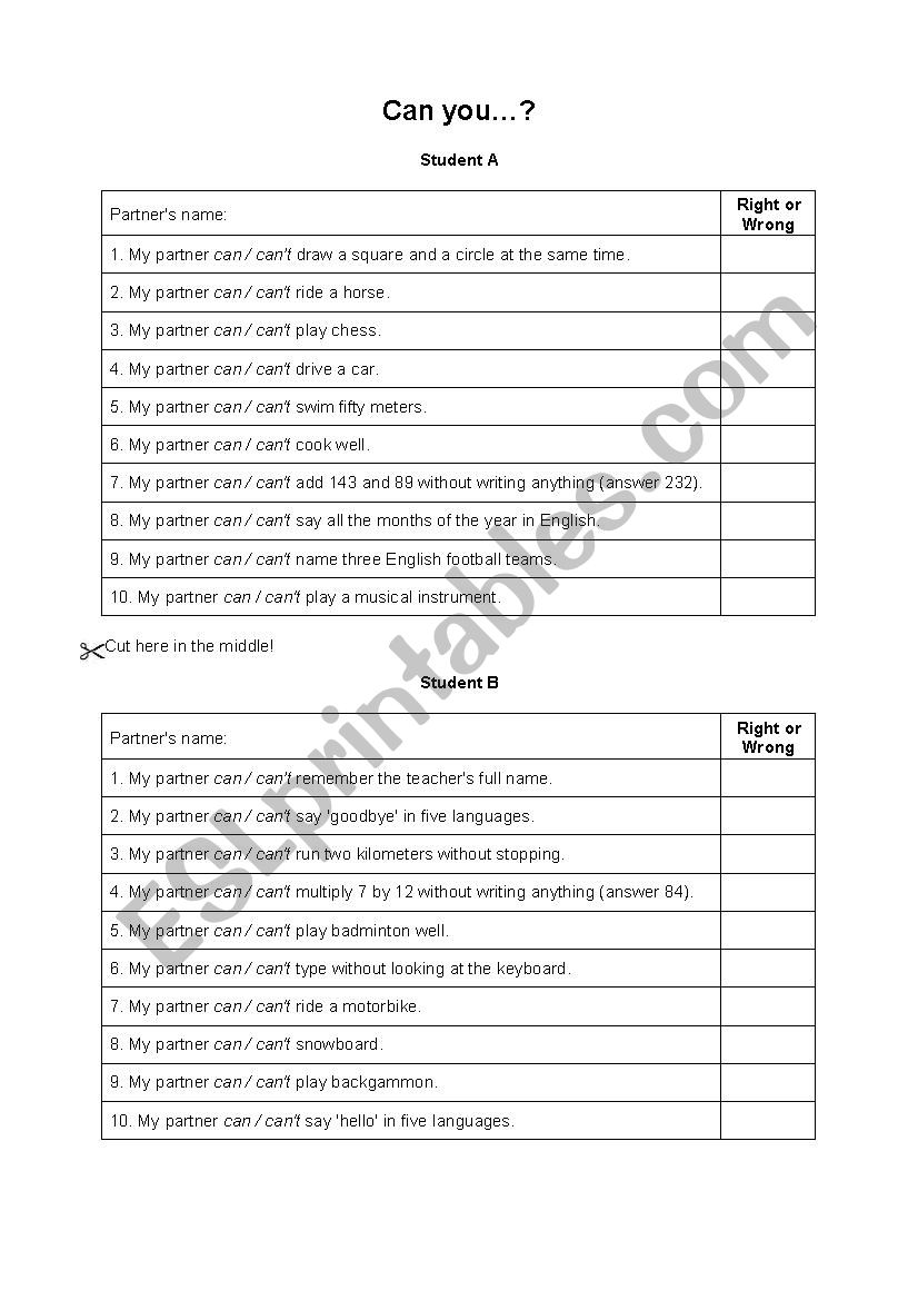 Can you...? worksheet