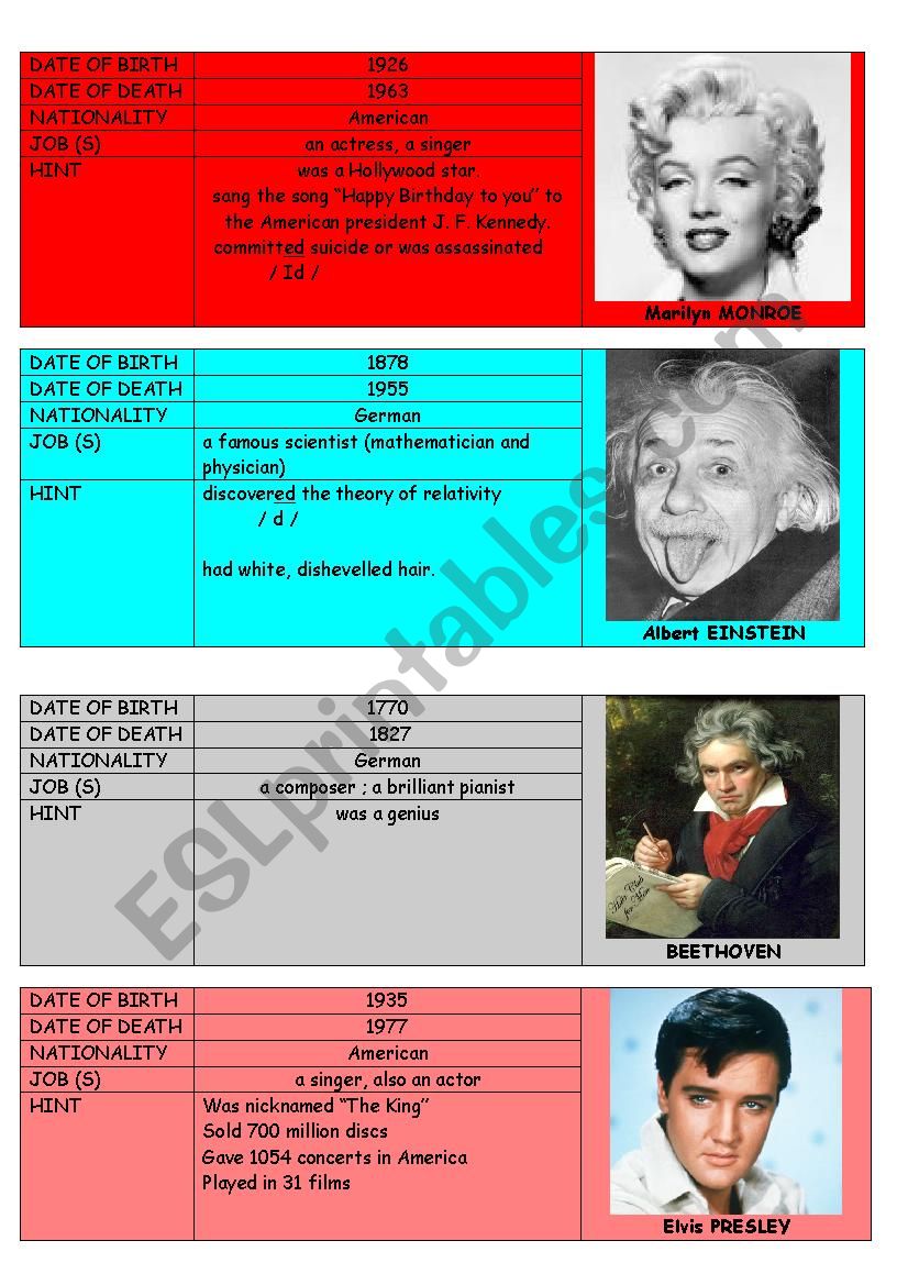 Biography Cards (Part 2) worksheet