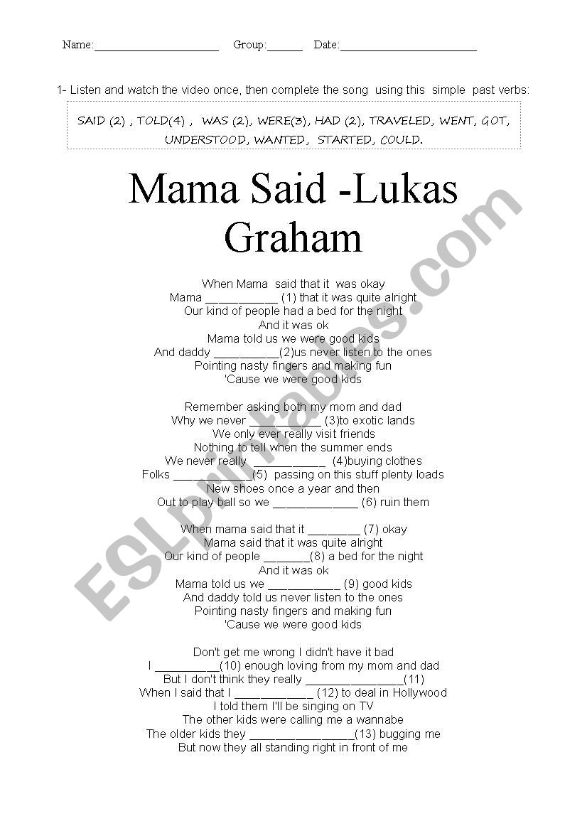 Mama said. Lukas Graham.  worksheet