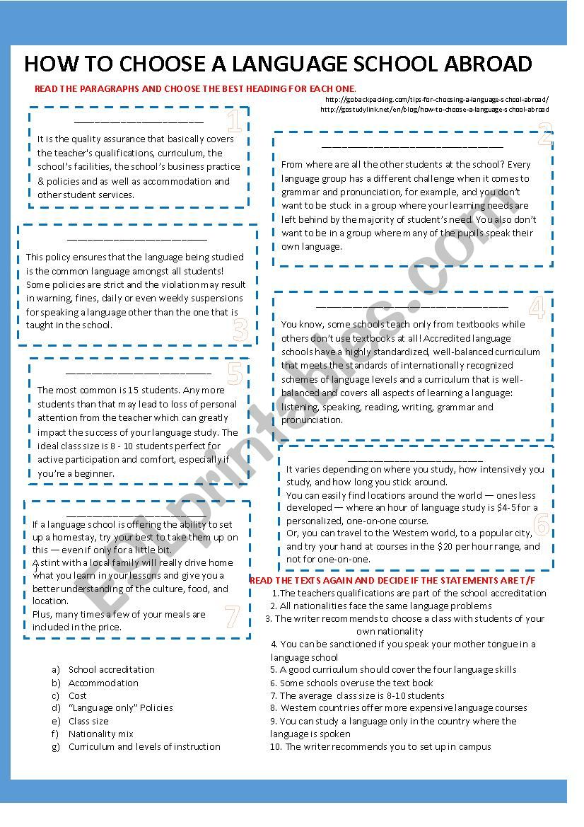 Reading - How to choose a language school