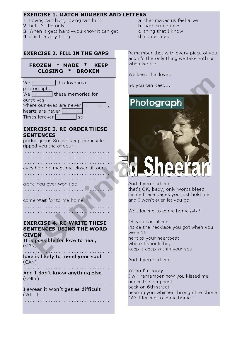 Ed Sheeran - Photograph worksheet