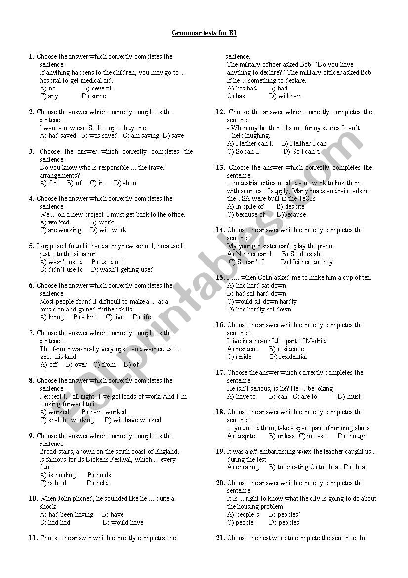 Grammar tests - 7 B1 worksheet