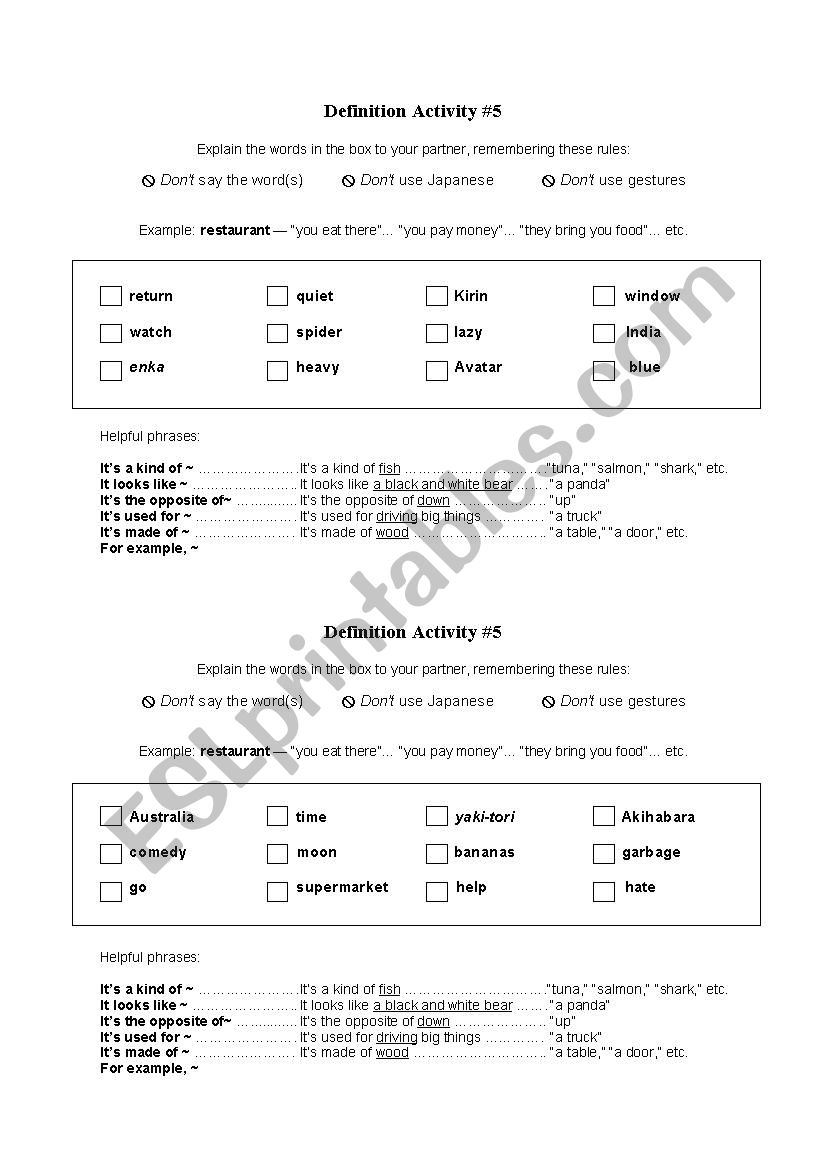 Vocabulary activity #5 worksheet