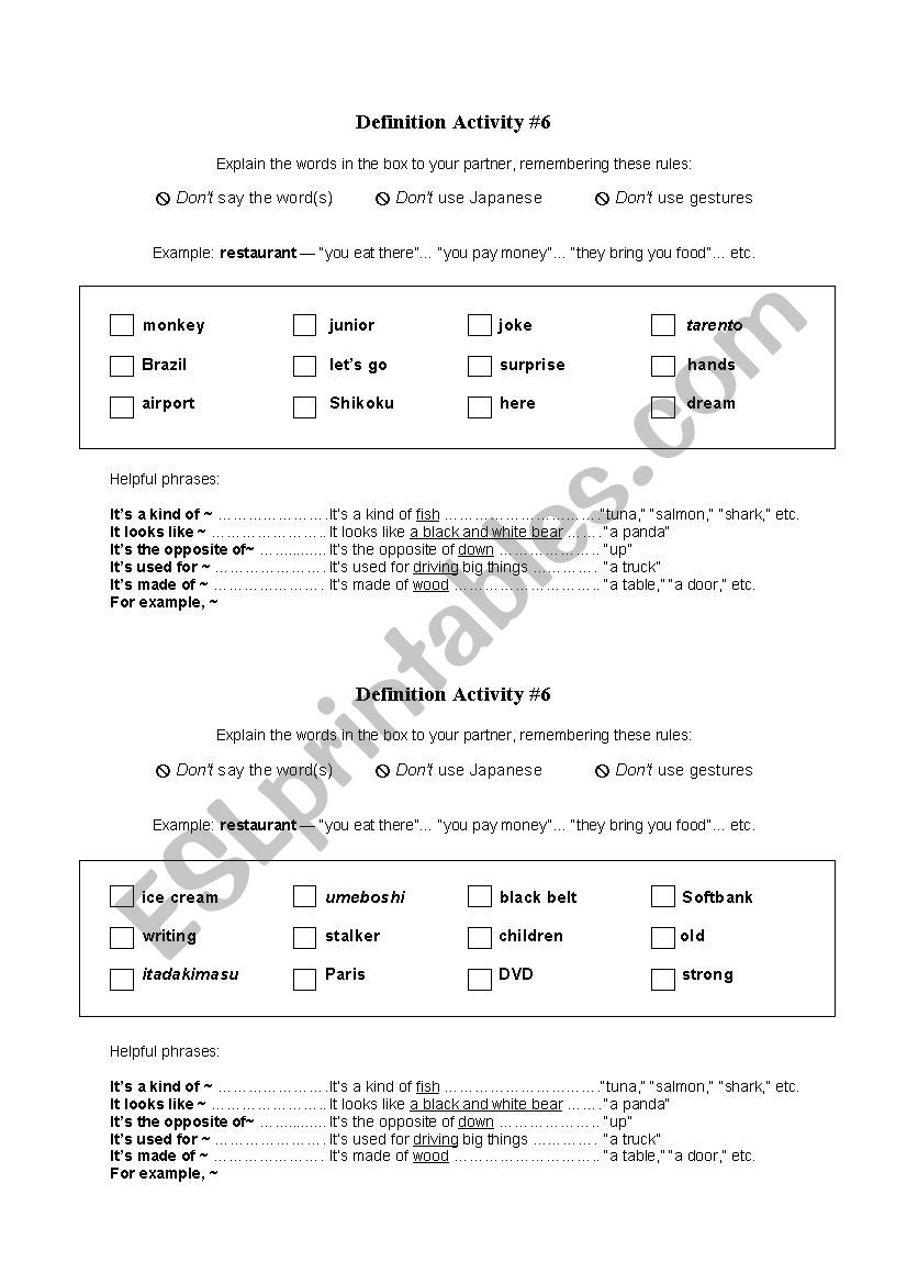 Vocabulary activity #6 worksheet