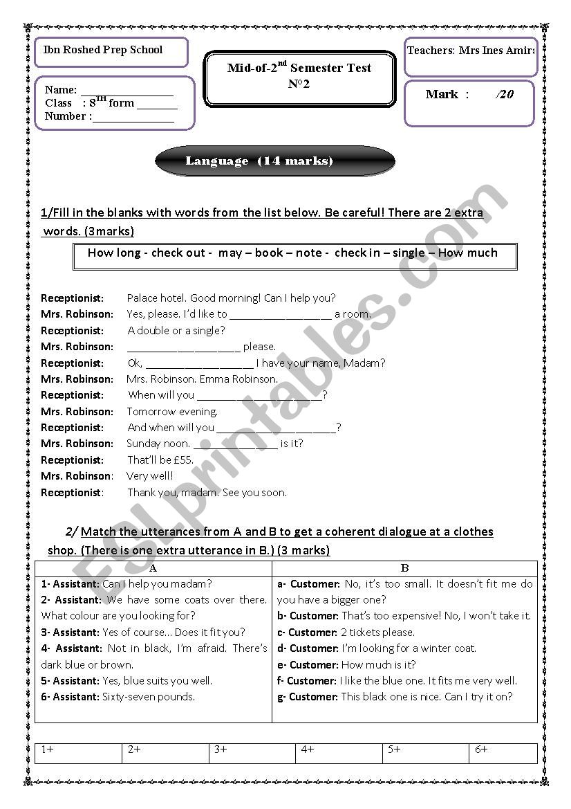 Mid semester test worksheet