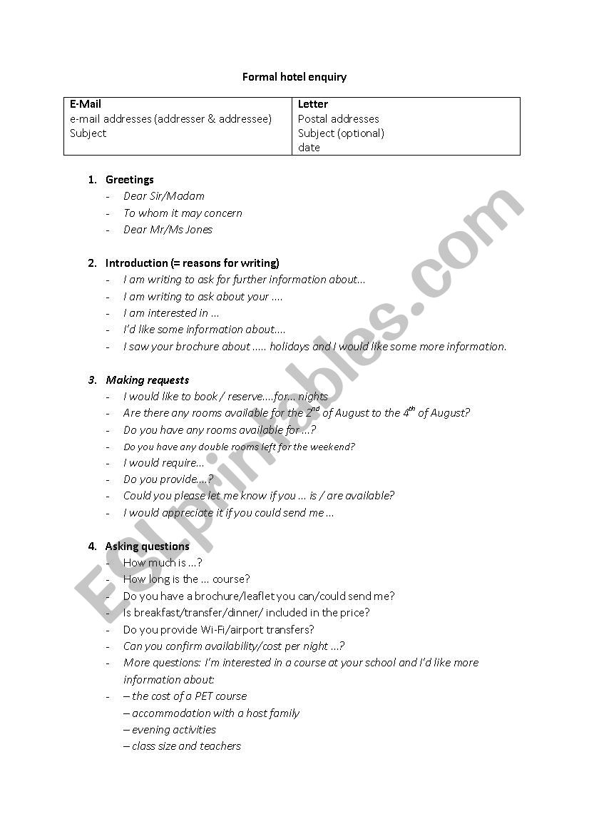 Formal e-mail hotel enquiry worksheet