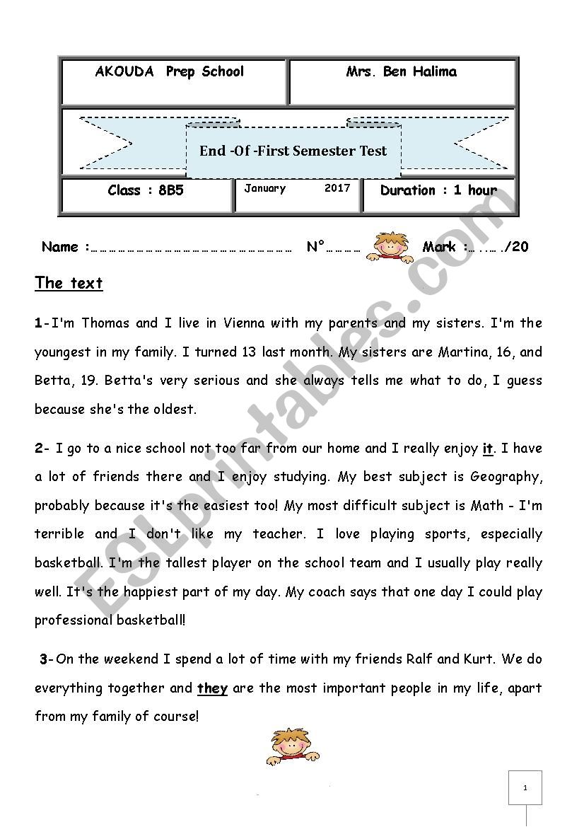 End test 1 for 8th Forms worksheet