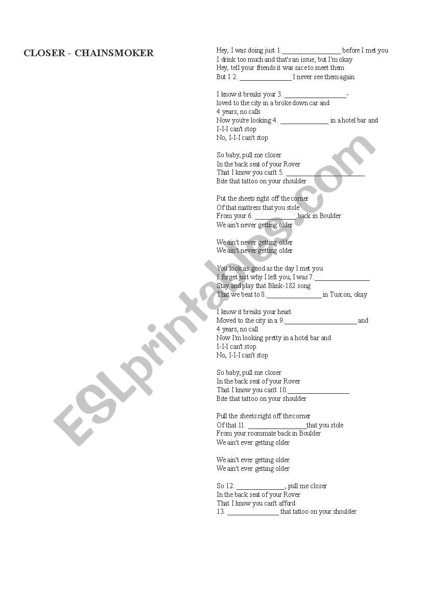 Closer Song Chain smoker worksheet