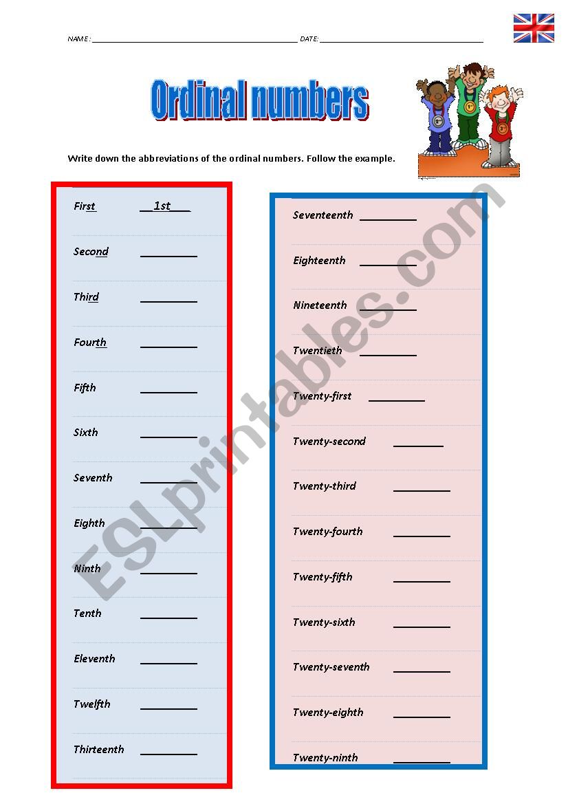 Ordinal numbers abbreviations worksheet